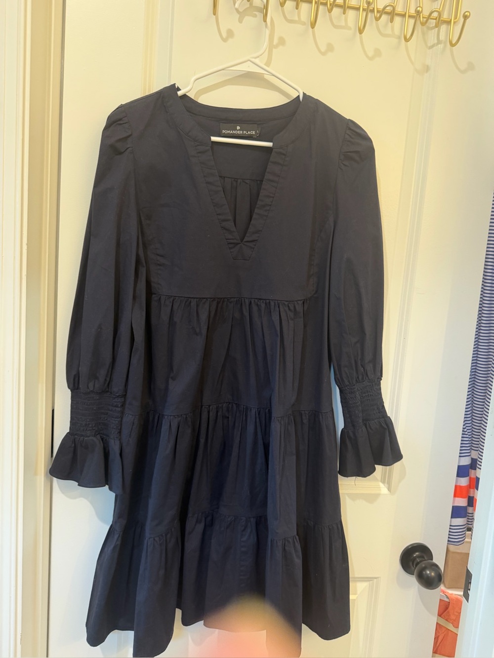 Pomander Place Kenzo Dress Size Large Navy Blue Cotton Poplin Long Sleeve Tiered